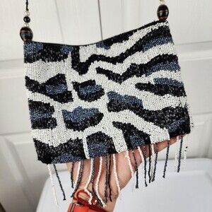 Beaded Pouch Mini Bag Embellished Clutch Party Shoulder Bag Black White Grey